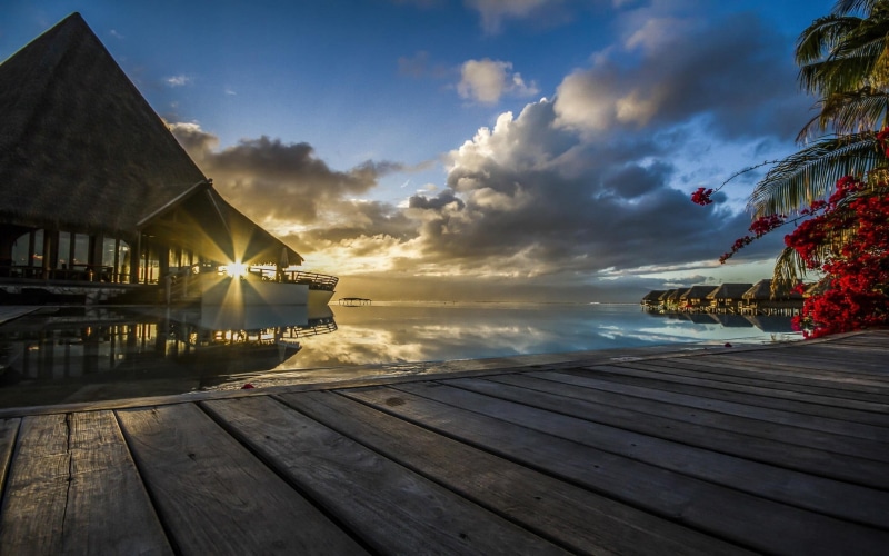 nature, tranquility, architecture, jetty, no people, outdoors, building exterior, clouds, resort, water, reflection, Tahiti, sky, vacation, walkway, 1080P