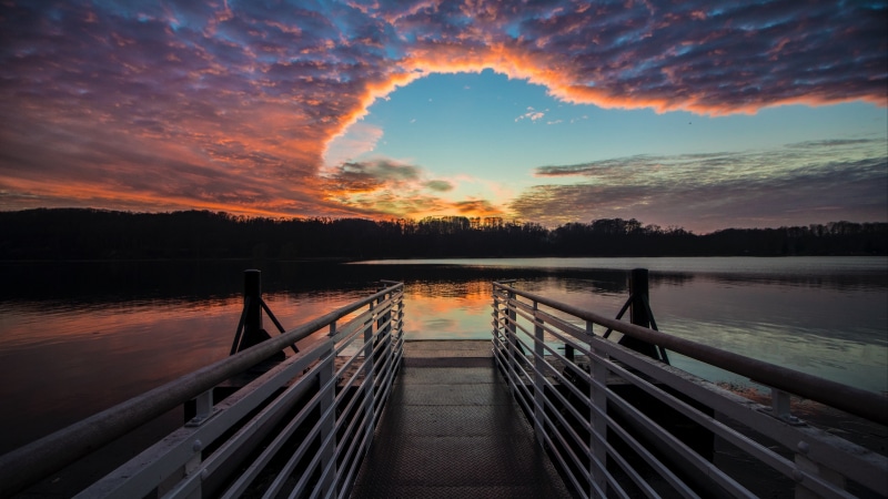 sunset, dock, pier, 4K, jetty, clouds, landscape, water, cloud, nature, evening, afterglow, lake, sky, horizon