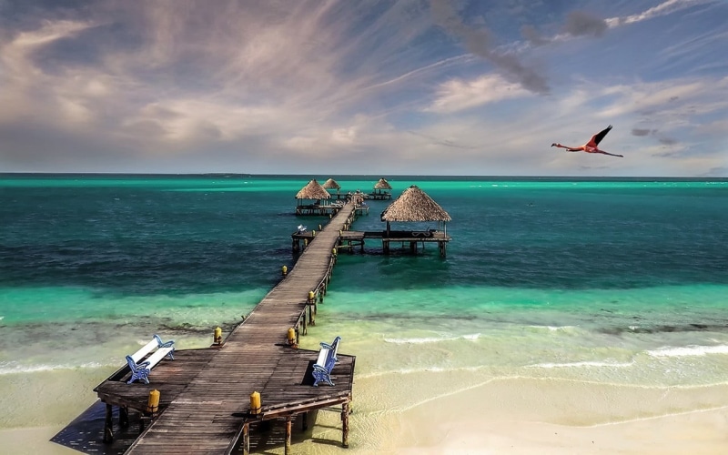 day, tropical, outdoors, water, beauty in nature, Cuba, clouds, birds, bench, walkway, 720P, transportation, hut, turquoise colored, sea, horizon, mode of transportation