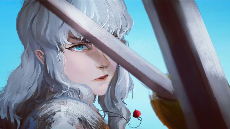 long hair, Griffith, 1080P, white hair, Berserk, blue eyes, sword, Behelit