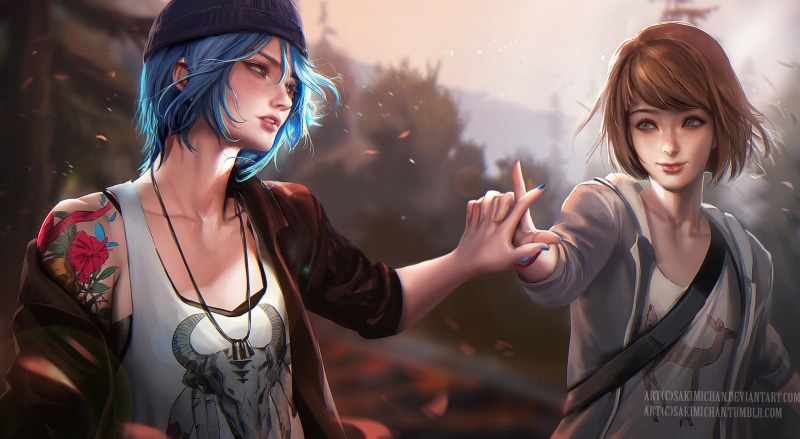 young adult, looking at camera, Life Is Strange, two, Max Caulfield, people, female, women, hairstyle, character, casual clothing, standing, holding hands