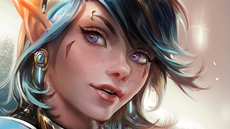digital, beautiful woman, eyeshadow, mouth open, close-up, elves, beautiful people, portrait, blond hair, human face, fantasy art, girl, Sakimichan, blue