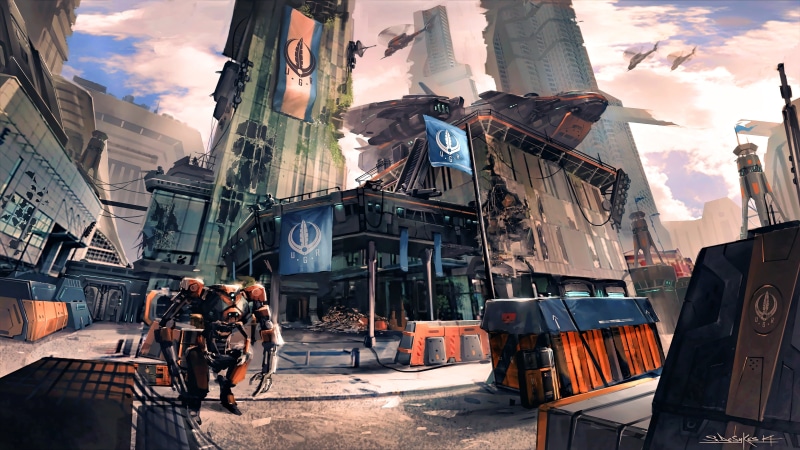 futuristic city, concept art, fantasy art, ruins, anvil aerospace, cyber, cyberpunk, digital art, CGI, 3D, PC gaming, spaceship, Star Citizen, fan art