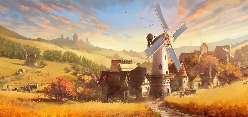house, trees, video games, dirt road, clouds, building, 1080P, illustration, Video Game Art, Forge of Empires, landscape, windmill, field