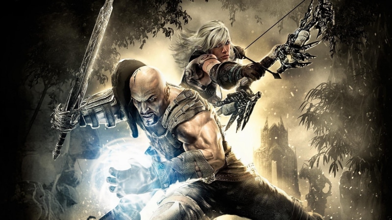 Hunted: The Demons Forge, males, military, women, water, archer, architecture, indoors, gun, mid adult, weapon, dust, fantasy art, adult, men, waist up