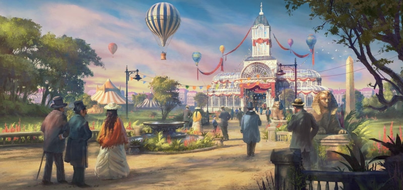 1080P, Victorian, people, victorian clothes, hot air balloons, trees, building, Forge of Empires, crowds, video games, Video Game Art, illustration, fountain