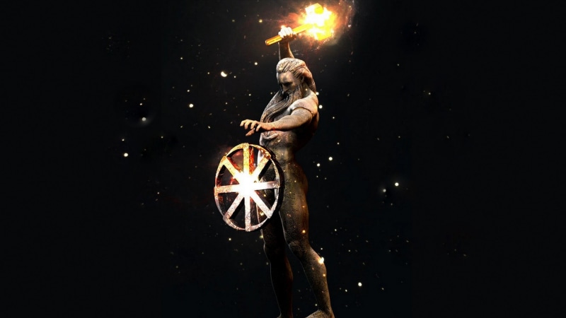 Sasha, Flame, Fiery hammer, The Creation Of The World, Svarog, Black background, Gregerman, The Wheel Of Life, Fire, Hammer, Statue, 2K, Slavic God, Forges