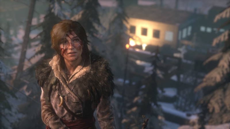 night, portrait, hairstyle, Lara Croft, clothing, real people, front view, snow, focus on foreground, architecture, built structure, warm clothing, winter
