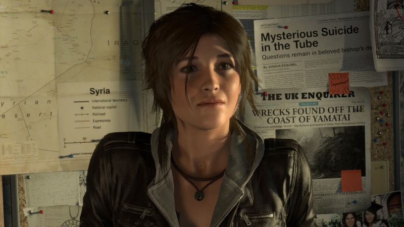 text, headshot, architecture, indoors, standing, hairstyle, contemplation, beautiful woman, Lara Croft, looking away, front view, Tomb Raider, young women