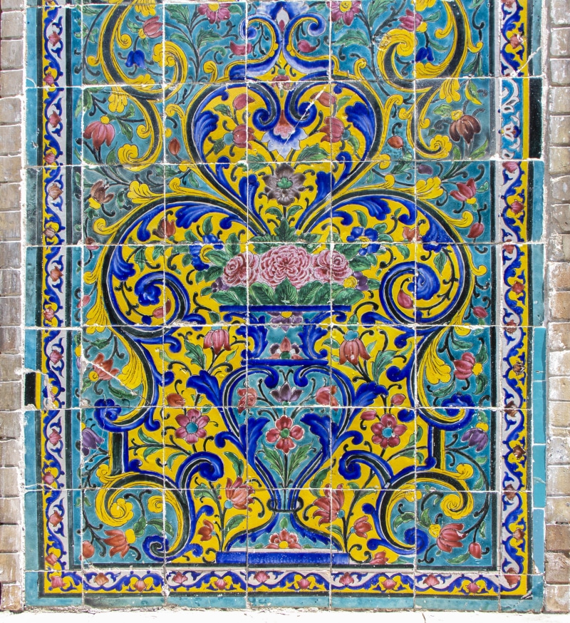 yellow, iran, building, kashani, floral pattern, art and craft, backgrounds, creativity, golestan palace, pattern, religion, multi colored, ornate, blue