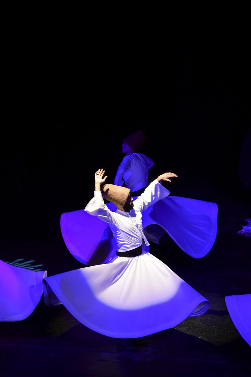 performance, light, 4K, dance, one person, real people, adult, rear view, stage, performing, dancing, dervish, black background, purple, elegance, entertainment occupation