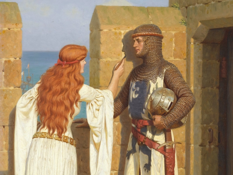 pre-raphaelite, picture, leighton, ages, edmund, armor, love, english, wall, artist, castle, middle, 2K, knight, romanticism, drawing, fortress, shadow