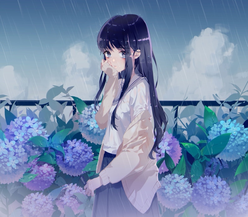 Anime, anime girl, standing, flowering plant, nature, tears, outdoors, black hair, raining, digital composite, young women, women, flower, bouquet, vulnerability