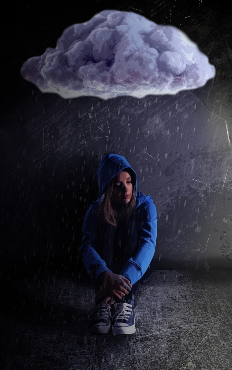 young men, social issues, winter, emotional, hood, casual clothing, dark, adult, concept art, one person, looking, contemplation, sitting, hood - clothing