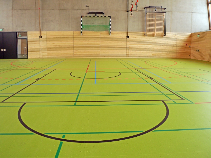 high angle view, soccer field, sprung floor, soccer, sport, leisure activity, indoors, grassroots sport, team sport, exercising, gym, pattern, court, day