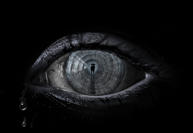 portrait, dark, cry, human body part, beautiful woman, sad, sensory perception, eyeball, studio shot, one person, adult, reflection, eye, human face, indoors