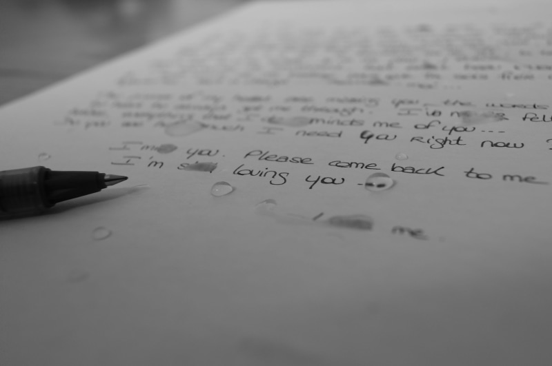 page, close-up, pen, writing, education, high angle view, western script, letter, sadness, indoors, learning, book, communication, emotions, sad, 4K, no people