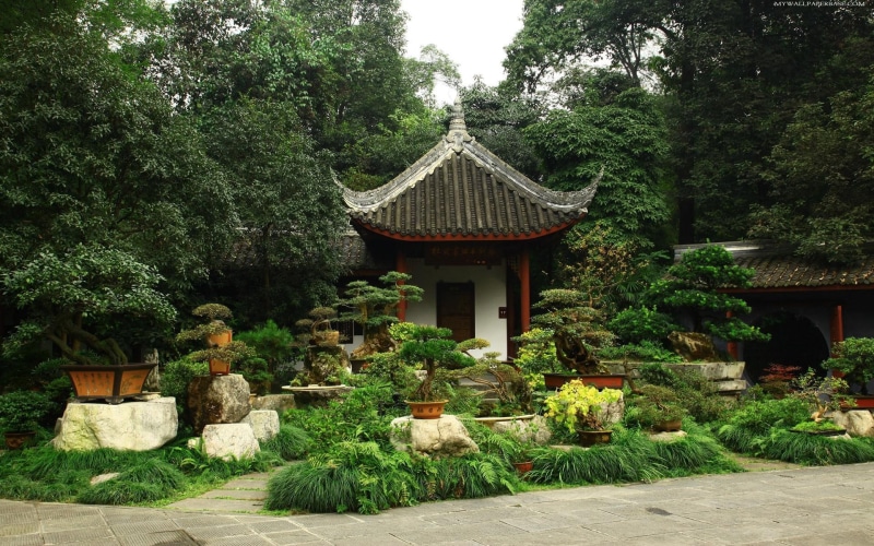 japanese house, home, 3d and abstract, greens, garden, frontyard, 1080P, japanese, trees, flowers, beautiful, bonsai