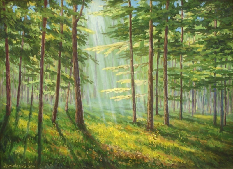 spring, 1080P, green, brown, trees, painting, beech, 3d and abstract, sunrays, forest, summer