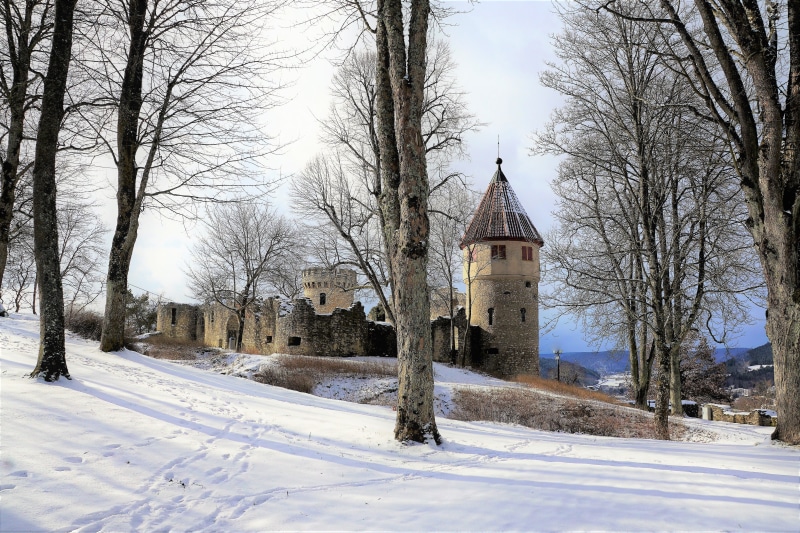 fir tree, nature, maple, mountain, ruin, winter, place of worship, belief, snow, advent, built structure, castle, building exterior, bare tree, sky, honing mountain