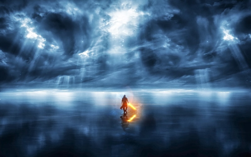 sunlight, artwork, men, full length, beauty in nature, water, storm, lifestyles, blurred motion, one person, reflection, night, Star Wars, real people