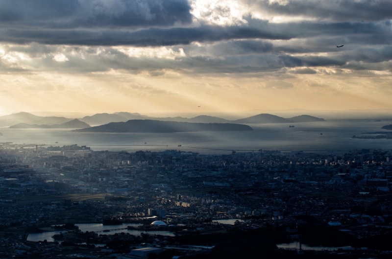 city, aerial, mountain, crepuscular rays, sunset, sunrise, Fukuoka, 日本, Pentax K-30, Rays of Light, Japan, view, rays, nature, aerial view, 1080P, Pentax