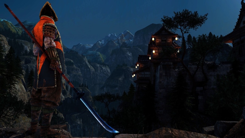 built structure, mountain, tranquil scene, one person, 1080P, plant, scenics - nature, screen shot, lifestyles, sky, samurai, illuminated, architecture