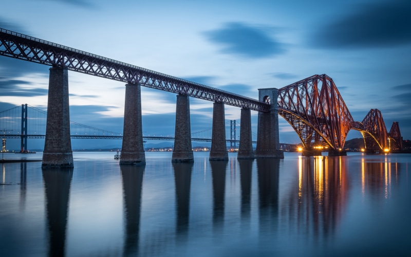 landscape, framed, Forth Bridge, evening, city, architectural column, architecture, top, river, waterfront, bay, sky, engineering, cloud - sky, 5K, table