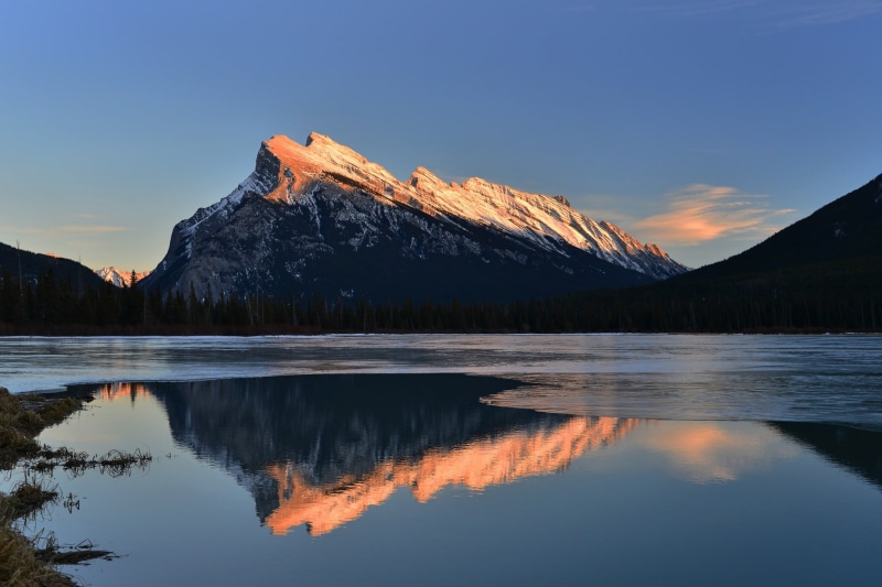 sunset, calm, Banff, symmetry, non-urban scene, snow, capped, mountain range, outdoors, nature, scenics - nature, waterfront, idyllic, sunlight, tranquility