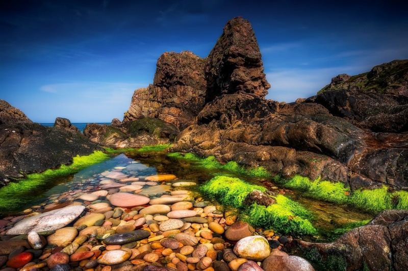 mountain, tranquility, tranquil scene, water, solid, rock formation, clear, beauty in nature, formation, land, Scotland, beside, nature, blue, 1080P, geology