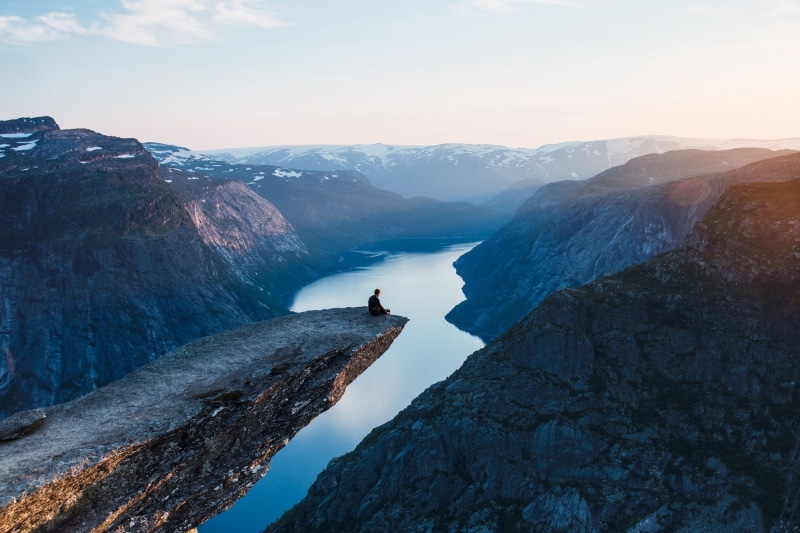 mountains, Trolltunga, People, sunset, Norway, water, clouds, 1080P, sky