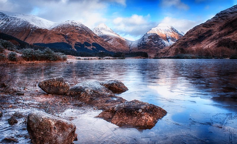 mountain Range, Glen Etive, Buachaille Etive Beag, sky, reflection, water, daytime, Scotland, lochan, snow, Skyfall, scenics, mountain, blue, lake, beauty In Nature