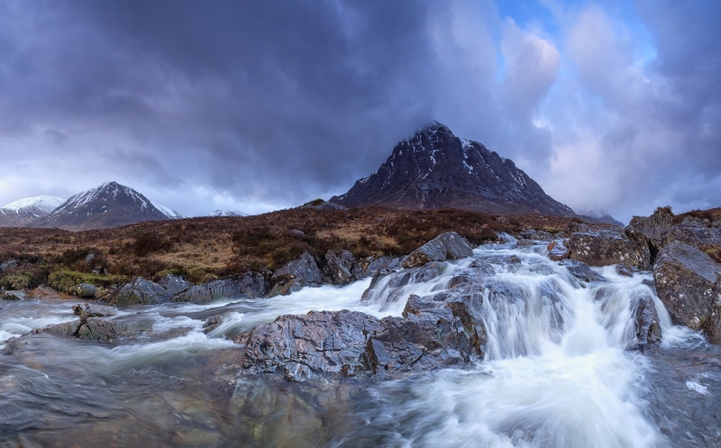 Peak, tranquil scene, buachaille, no people, winter, environment, beauty in nature, sky, Buachaille Etive Mor, cold temperature, outdoors, water, 8K, United Kingdom