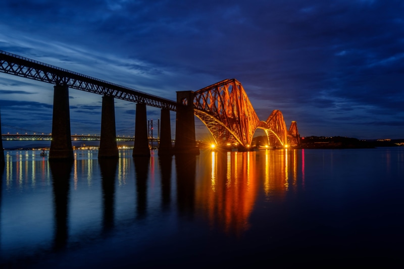 bridge - Man Made Structure, Forth Rail Bridge, water, photography, dusk, Queensferry, bridge, Travel, uSA, Night, GB, 5K, river, Reflections, United Kingdom