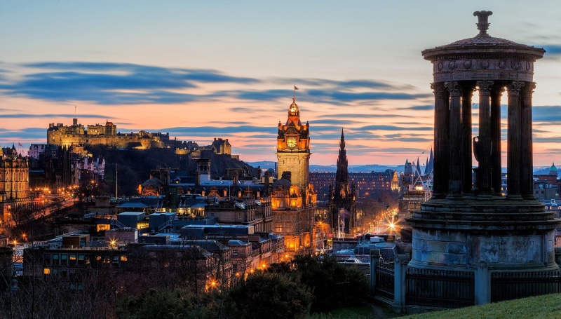 old building, castle, tourism, monuments, no people, city, Edinburgh, hills, lights, building exterior, tower, built structure, clouds, clock tower, sunset