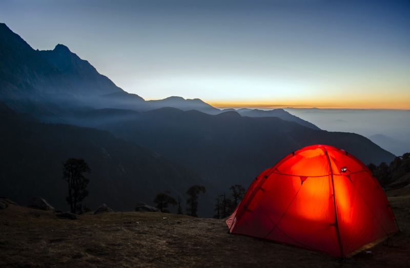 mountain range, remote, red, backpack, idyllic, environment, leisure activity, sunlight, tent, beauty in nature, mountain, camp, tourist, 4K, holiday