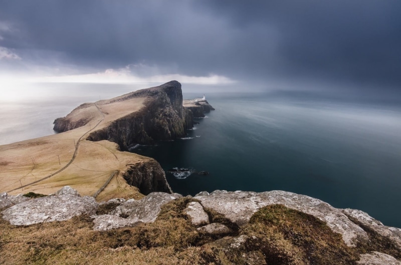 land, Scotland, rock, tranquility, scenics - nature, 720P, no people, sea, lighthouse, nature, landscape, island, clouds, non-urban scene, rock - object