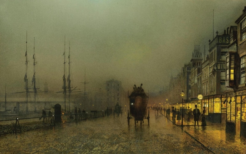 home, Saturday Night. Clyde. Glasgow, picture, mast, 1080P, lights, John Atkinson Grimshaw, promenade