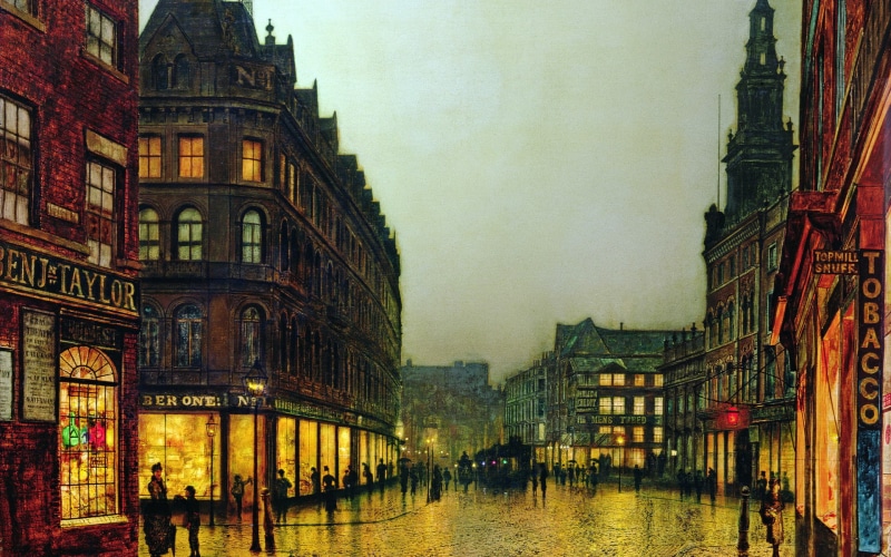 street, Grimshaw, buildings, 1080P, atkinson, city, People, architecture, Crowds, painting, house, john, roads
