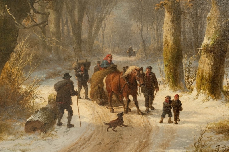 group of animals, children, cowboy, dog, nature, mammal, peasants, land, walking, domestic animals, classic art, pets, group, dirt road, road, trees, livestock