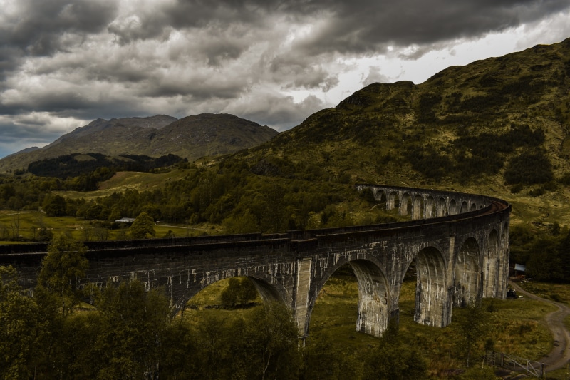 transportation, environment, glenfinnan, surround, 5K, landscape, concrete, highland, mountains, railway, bridge - man made structure, scenics - nature