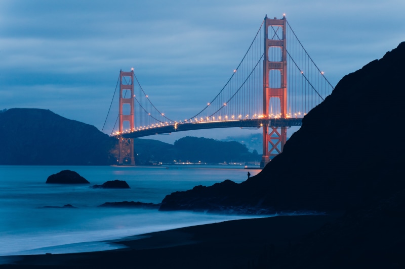 ocean, red, mountain, landmark, tourism, transportation, bridge, night, metal, connection, built structure, nature, architecture, bay of water, travel