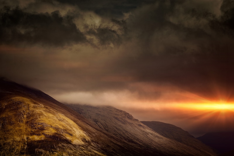 idyllic, storm, weather, highland, golden, rise, cloud, scenics - nature, moody, orange color, tranquility, cloud - sky, tranquil scene, nature, photography