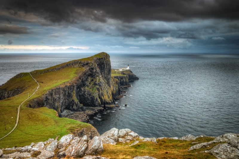 jones, rock - Object, neist, nature, clouds, light, Neist Point, isle of skye, Moods, calm, hill, scenics, uK, samsung, moody, lighthouse, view, cliff