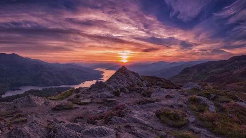mountain lake, tranquil scene, loch, 4K, beauty in nature, cloud - sky, loch katrine, ben aan, highland, lake, sunset, rock - object, photography, trossachs