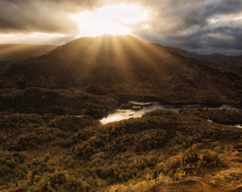 Autumn, Slope, remote, Panoramic, Beautiful, water, sunbeam, Wilderness, Loch, visit, forests, trees, lochkatrine, Sunshine, Rays, mountain, Ben Venue