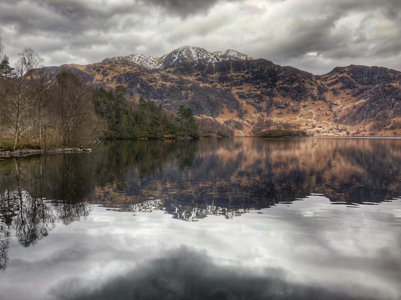 scotland, tranquil scene, nature, waterfront, mountain range, lake, loch katrine, loch, remote, scenics - nature, snowcapped mountain, reflection lake