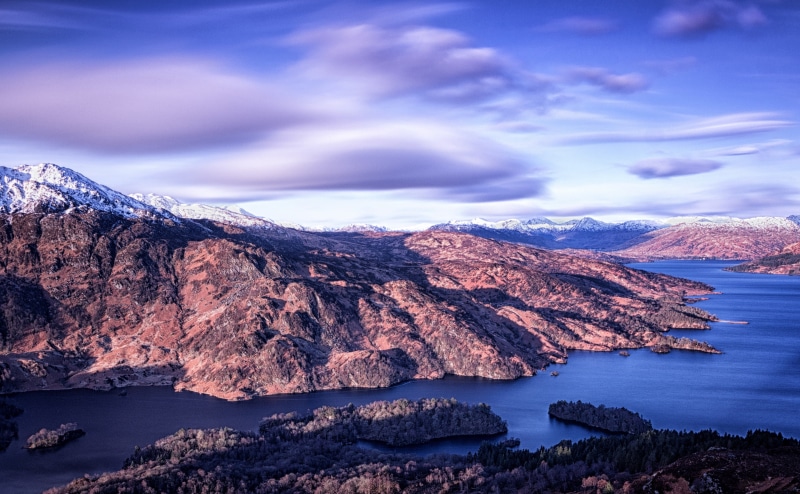 venue, travel destinations, purple, 4K, sky, cold temperature, no people, water, land, sea, benaan, Europe, trossachs, beauty in nature, cloud - sky, snow