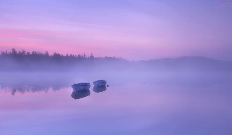 Rowing boats, smog, nature, plant, Mist, 4K, no people, water, Morning, Loch Rusky, tranquil scene, sunrise - dawn, fog, Scotland, purple, outdoors, sky