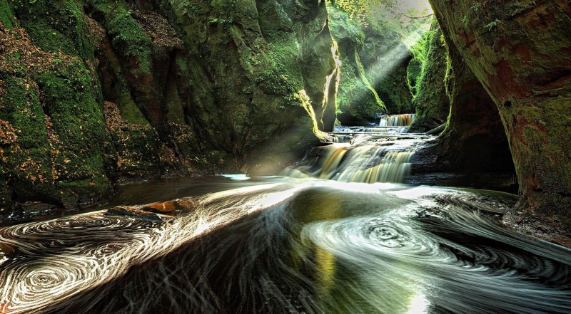 Sunbeams, finnichglen, Scotland, waterfall, water, long exposure, marvelous, United Kingdom, blurred motion, Nature, remarkable, rainforest, stunning, falling water